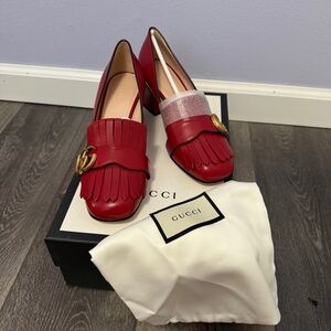 Gucci Red Heeled Loafers with Gold Accent